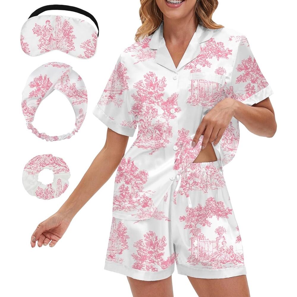 New! NOWDER Satin Pajama Set for Women Silk Short Sleeve Shorts Button Down Pjs